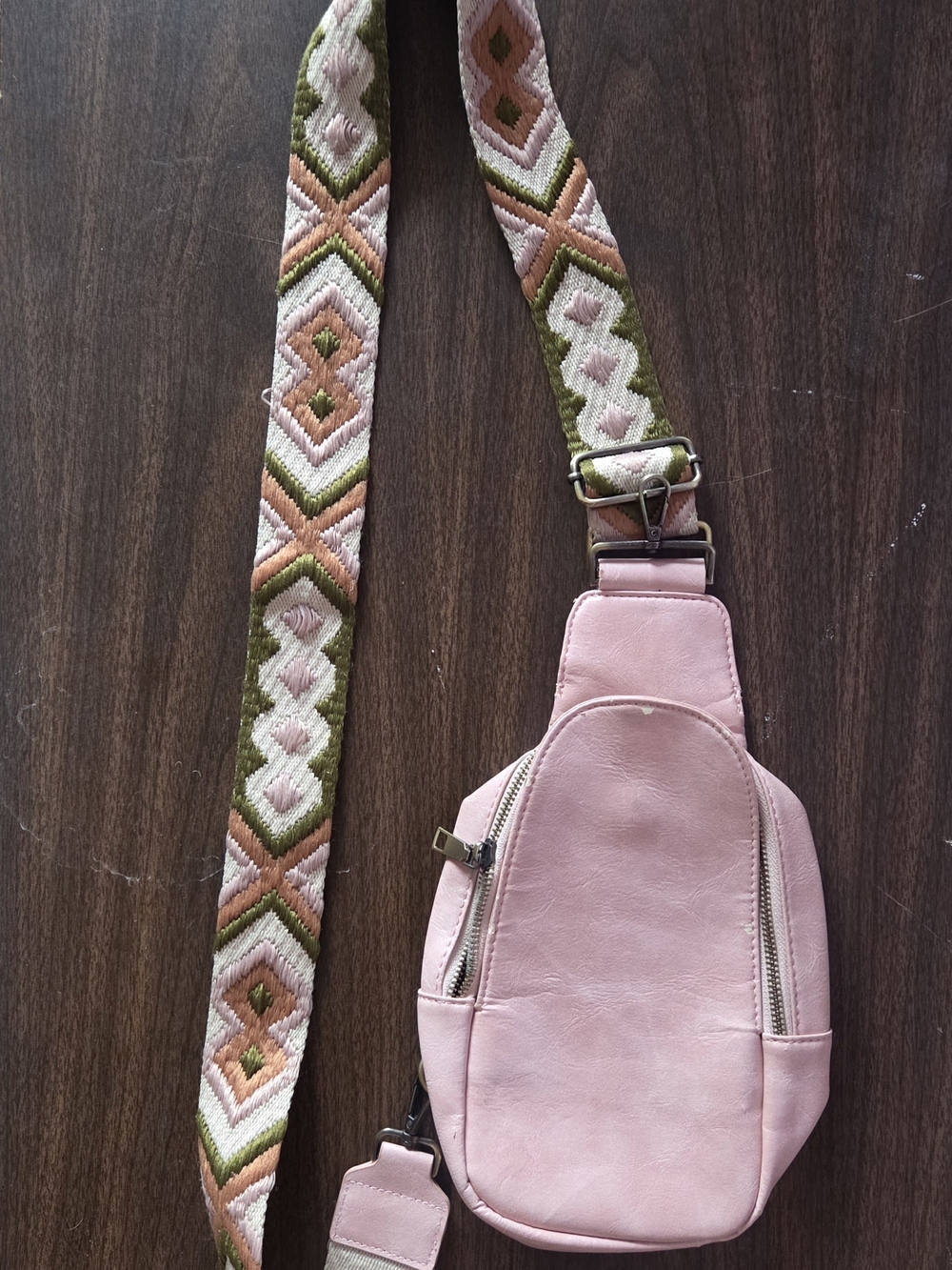Pink Crossbody Sling Bag with Patterned Strap